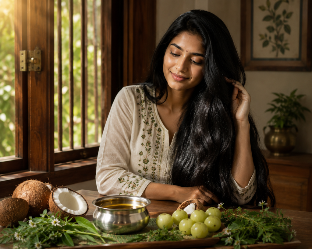 hair care oil benefits for Indian women with coconut amla and bhringraj oil