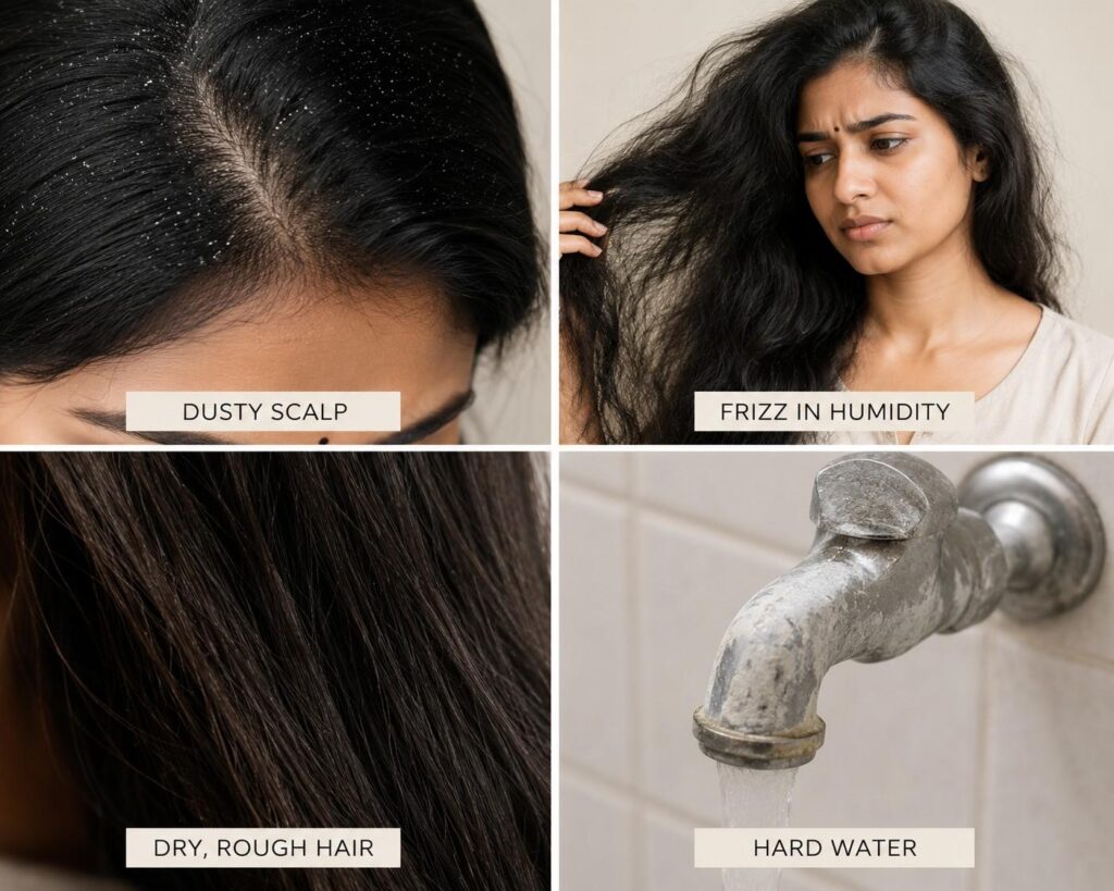 common Indian hair challenges including hard water damage and pollution
