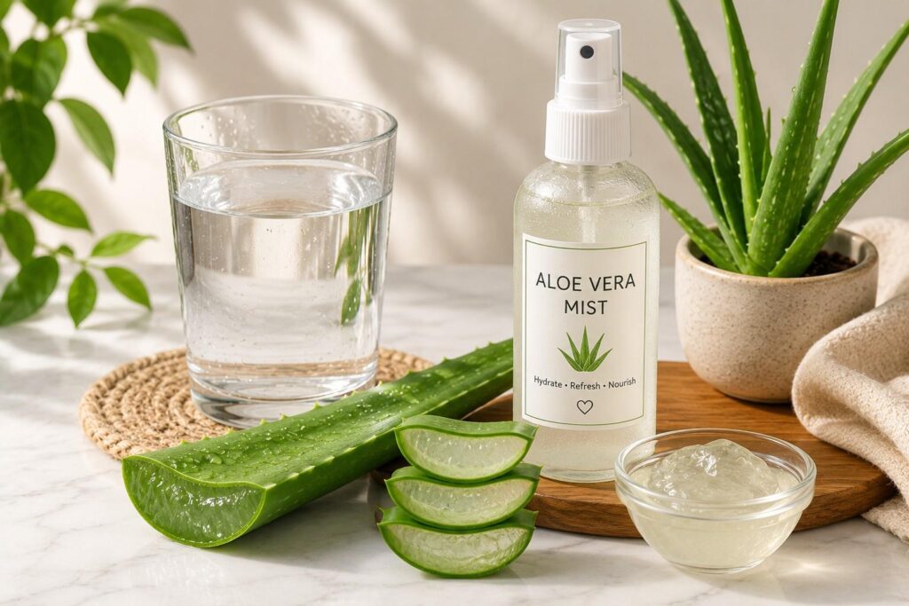 hair hydration day with aloe vera gel and water for moisture balance