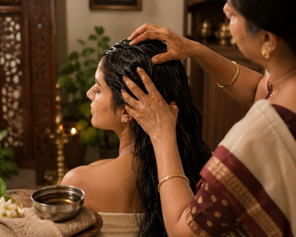 traditional Indian champi oil massage for hair growth with coconut and bhringraj oil