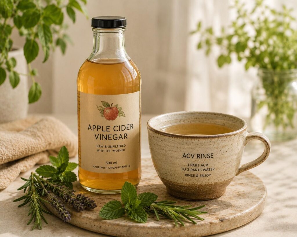 apple cider vinegar hair rinse for hard water buildup and shine
