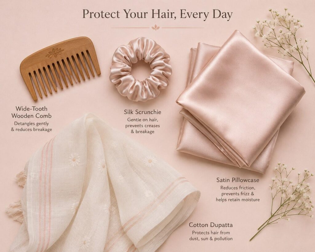 protective hair care with silk pillowcase and wide tooth comb to reduce breakage