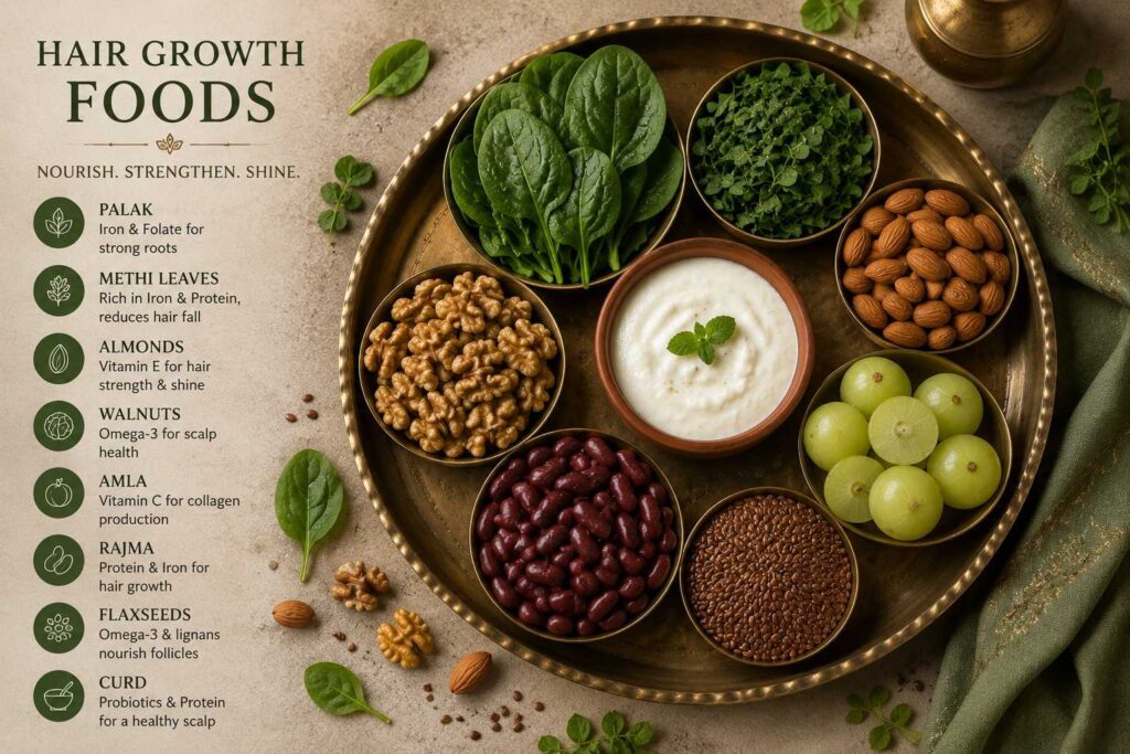 Indian diet for hair growth including amla spinach nuts and seeds