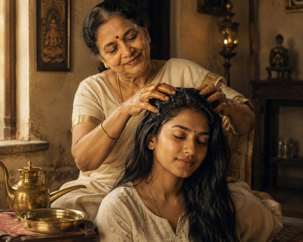 traditional Indian champi hair oiling ritual passed down through generations
