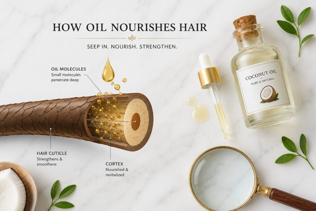 science behind hair oiling coconut oil penetrating hair shaft reducing protein loss
