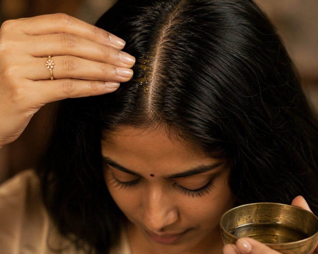 castor oil applied to scalp parting to reduce hair fall and strengthen roots
