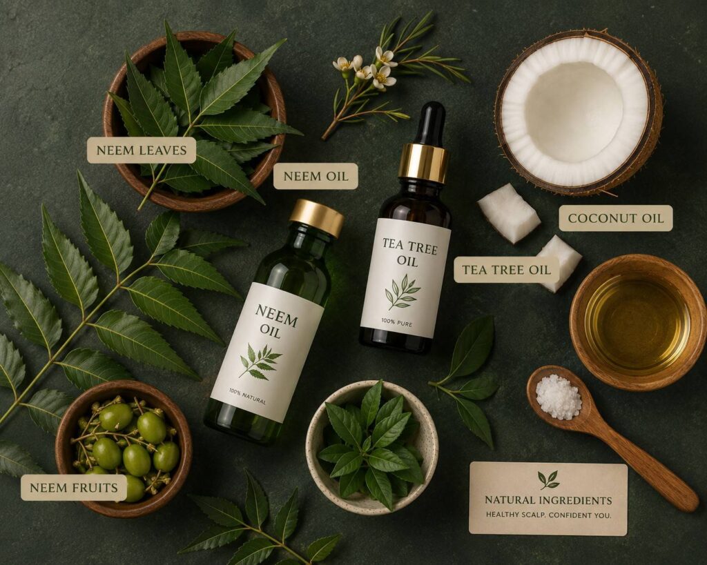 neem and tea tree oil for dandruff control and scalp health Indian hair