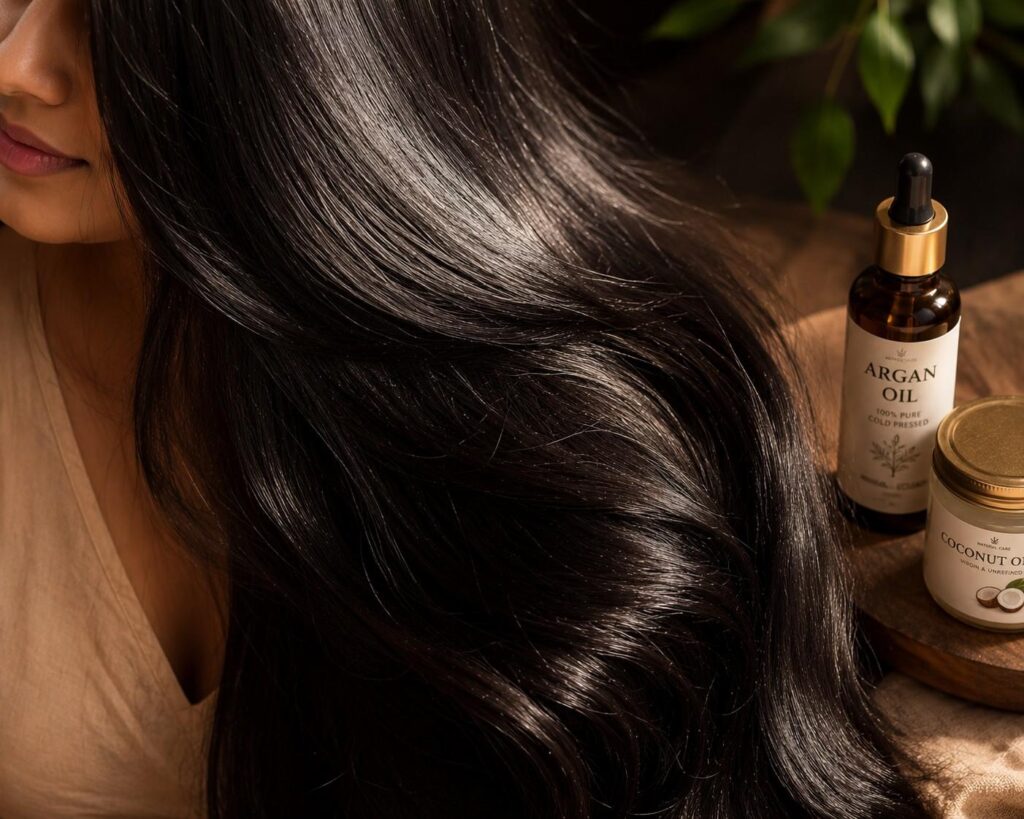 argan and coconut oil for natural shine and frizz reduction in Indian hair