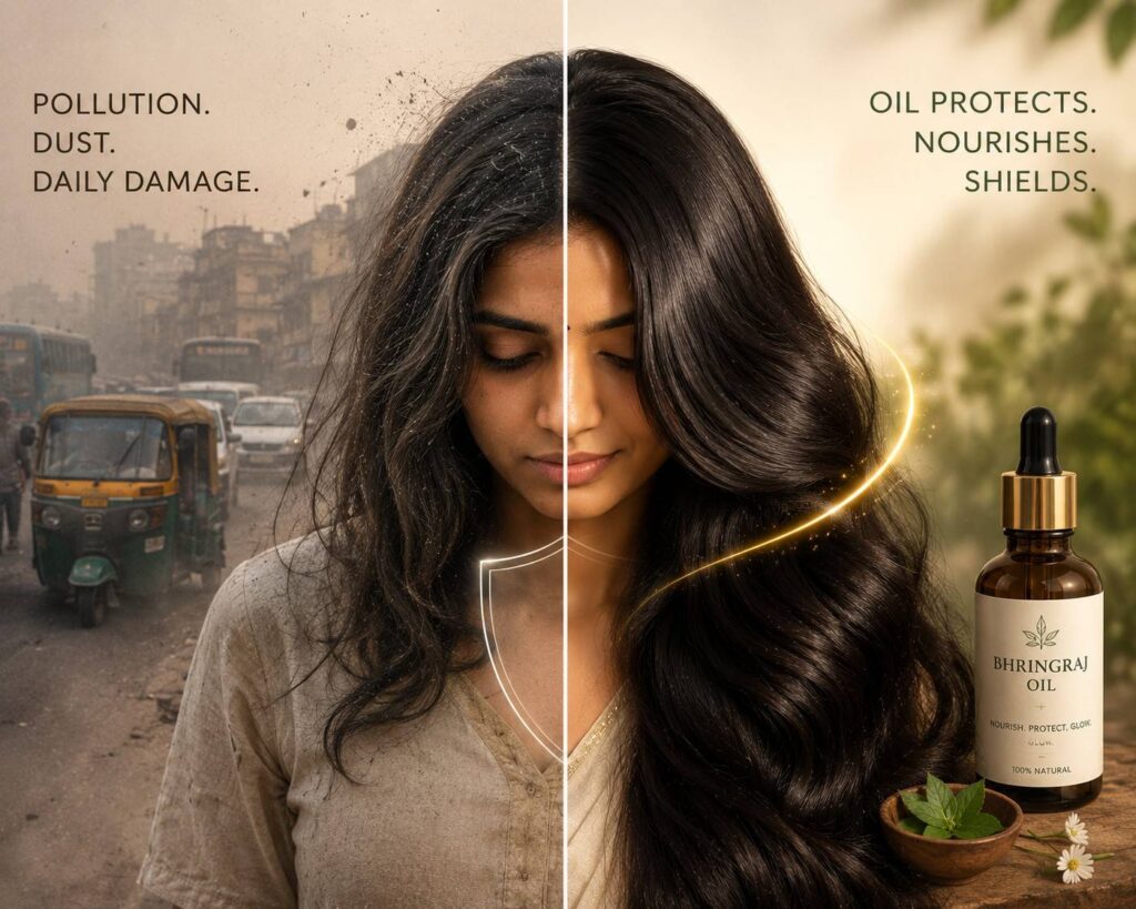 hair oil creates protective barrier against pollution and hard water damage in Indian cities