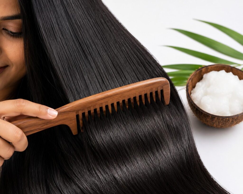 coconut oil strengthens hair from root to tip and reduces breakage and hygral fatigue