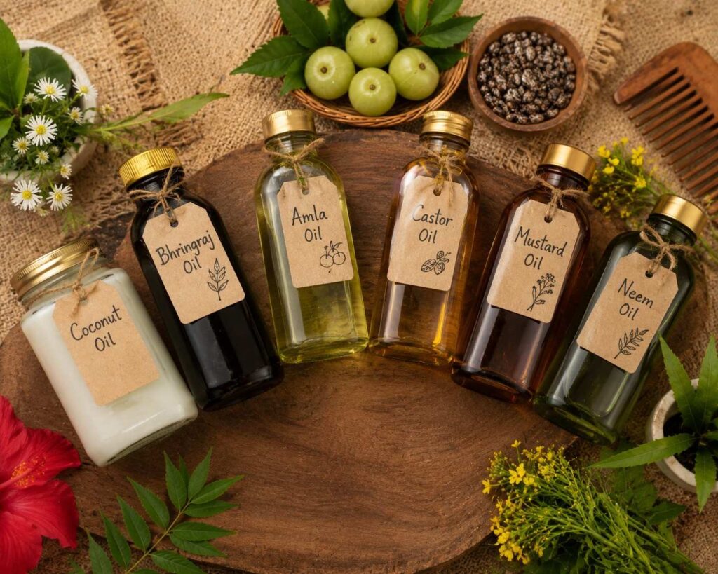best hair care oils for Indian hair including coconut bhringraj amla castor mustard and neem oil