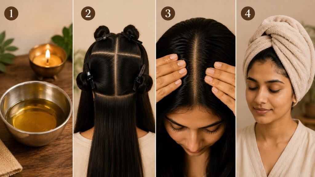 step by step guide on how to apply hair oil correctly for Indian scalp and hair
