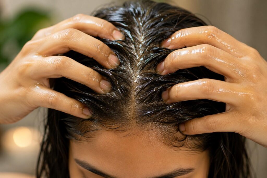 Scalp oil massage as part of best hair care routine"