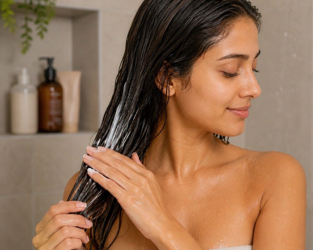 Applying conditioner to hair ends in daily hair care routine