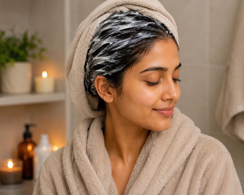 Weekly hair mask treatment with warm towel for deep repair"