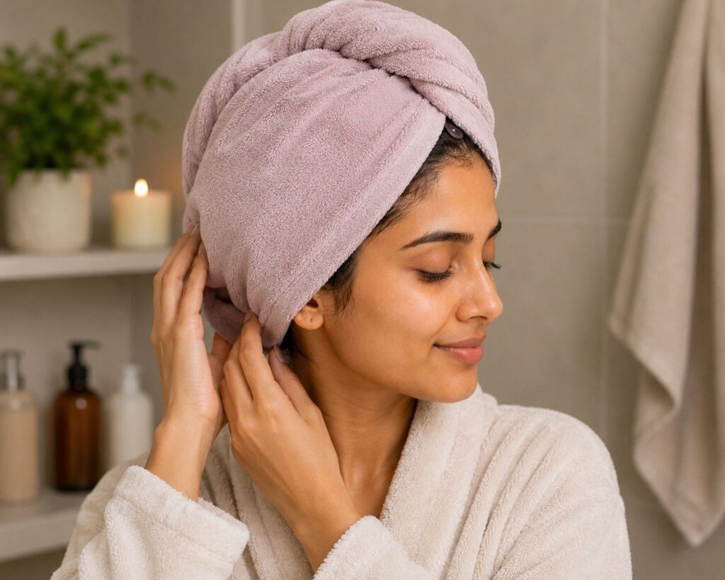 Drying hair with microfiber towel post wash hair care routine