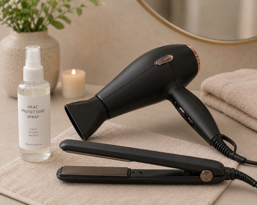 Using heat protectant spray before styling hair