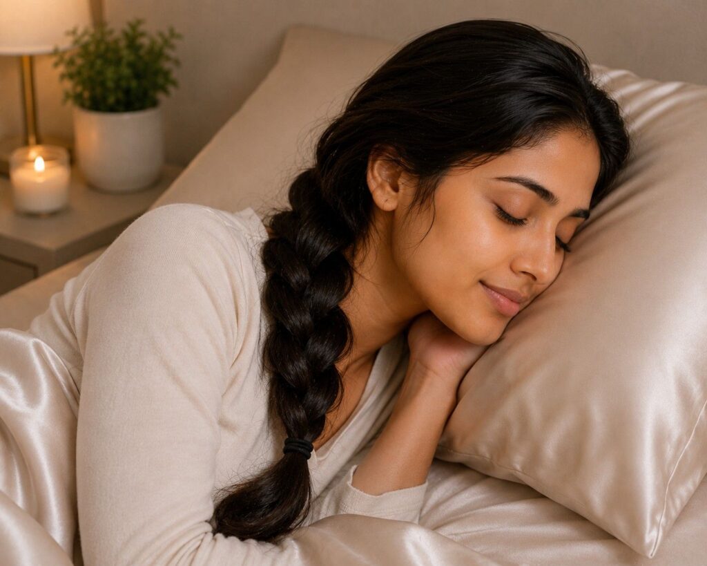 Satin pillowcase and loose braid for nighttime hair care