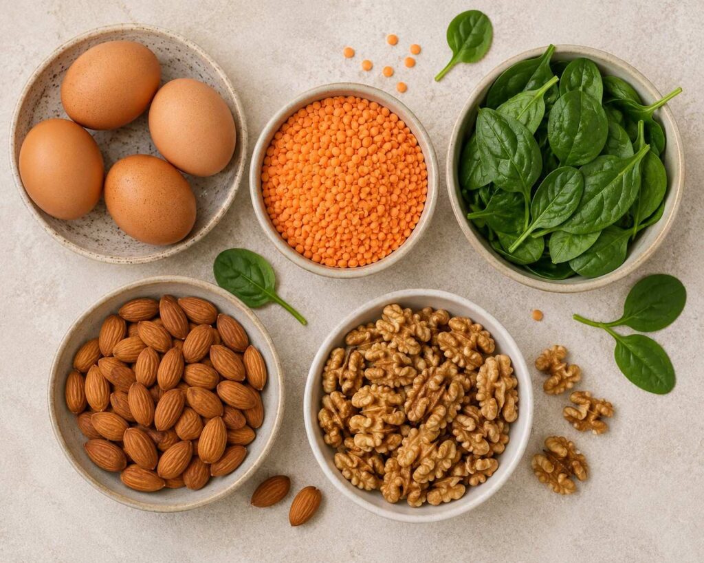 Foods for hair growth - protein iron and omega-3 rich diet"