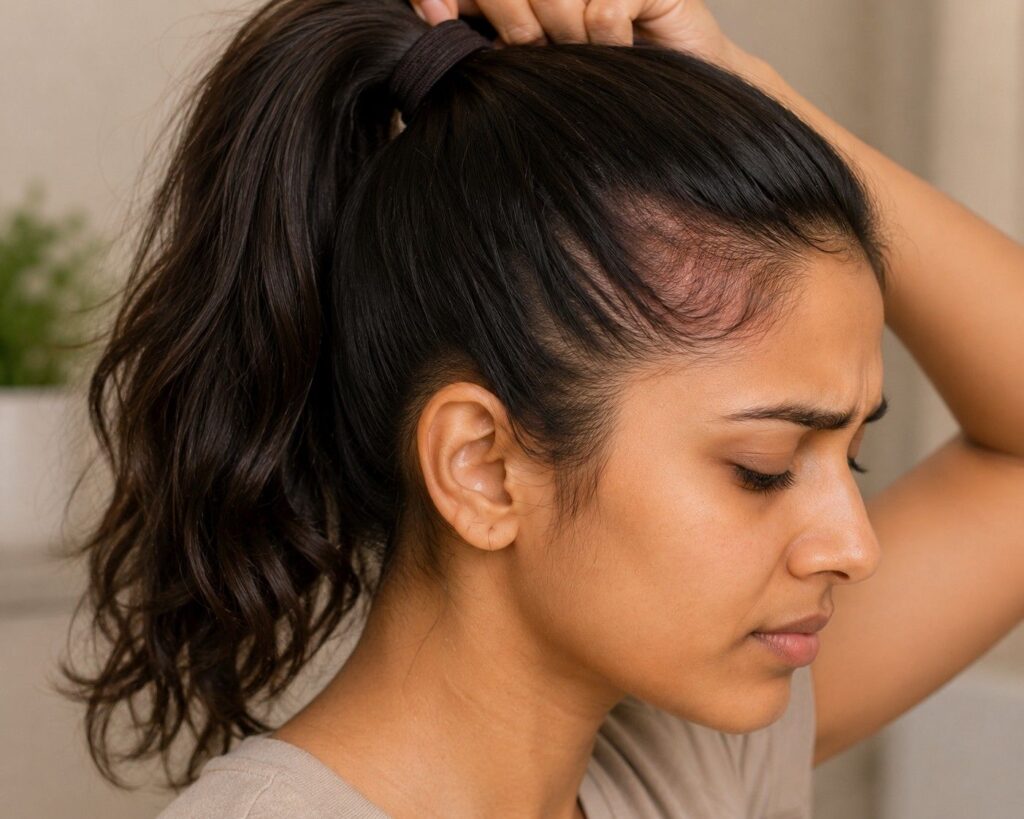 Tight hairstyle causing traction alopecia hair care mistake"