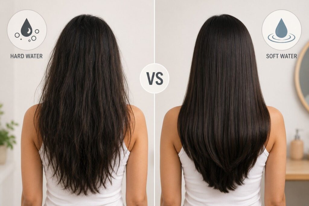 Comparison chart of hard water vs soft water effects on Indian hair health