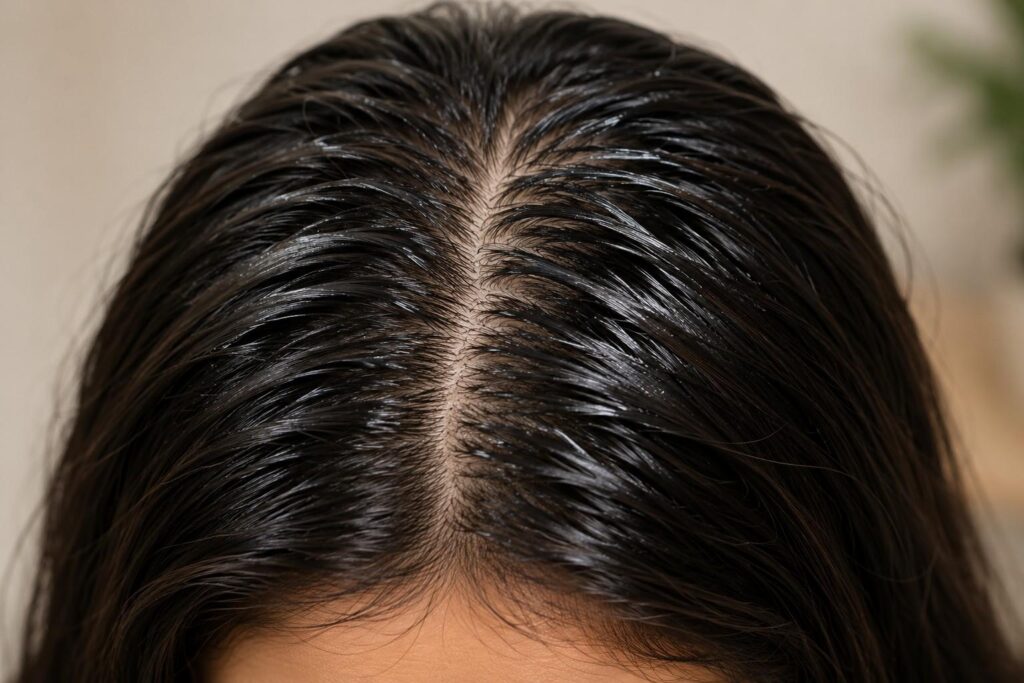 Close-up of greasy oily scalp caused by soft water hair washing in India

