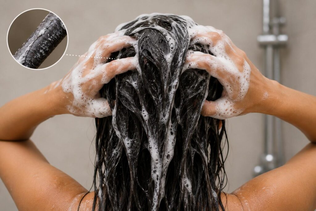 Hair shampoo over-lathering in soft water causing product buildup on hair strands

