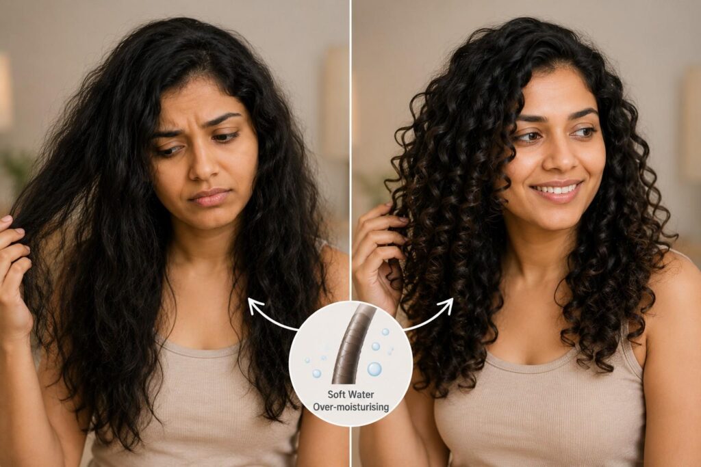 Indian curly hair losing curl definition and bounce due to soft water over-moisturising

