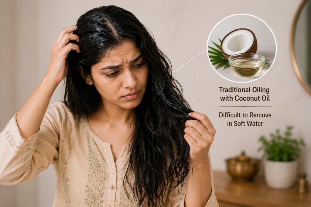 Traditional Indian hair oiling with coconut oil that is difficult to remove in soft water

