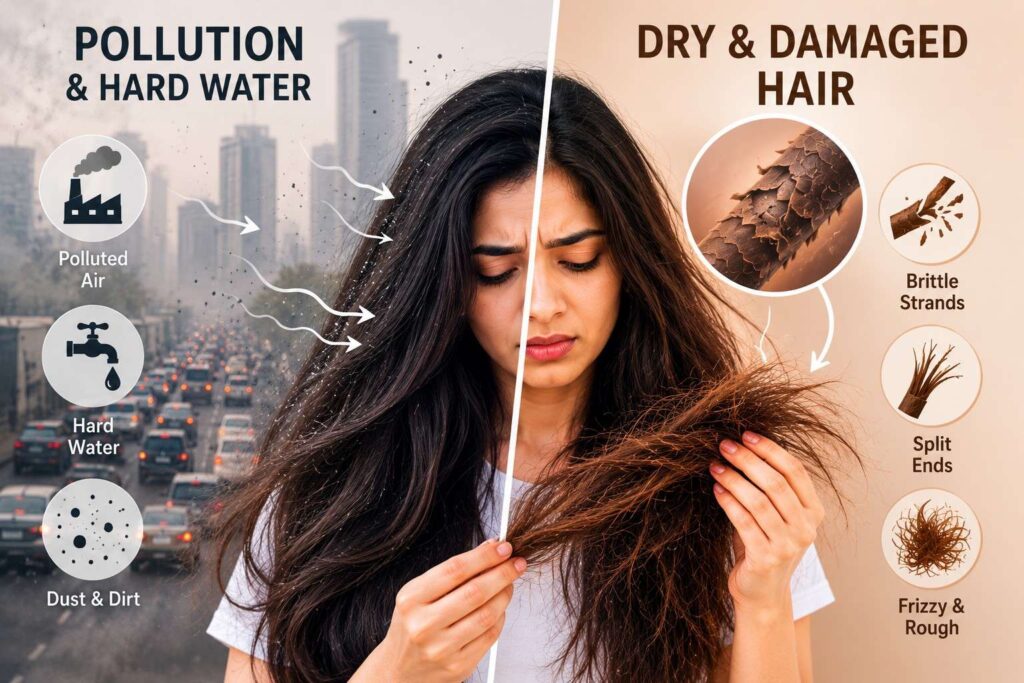 Causes of dry hair in India including hard water pollution and heat styling