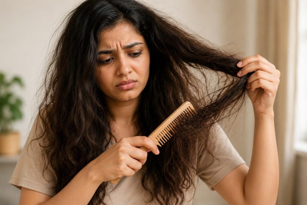 Home remedies for dry hair — Indian woman with dry frizzy hair looking for natural solutions