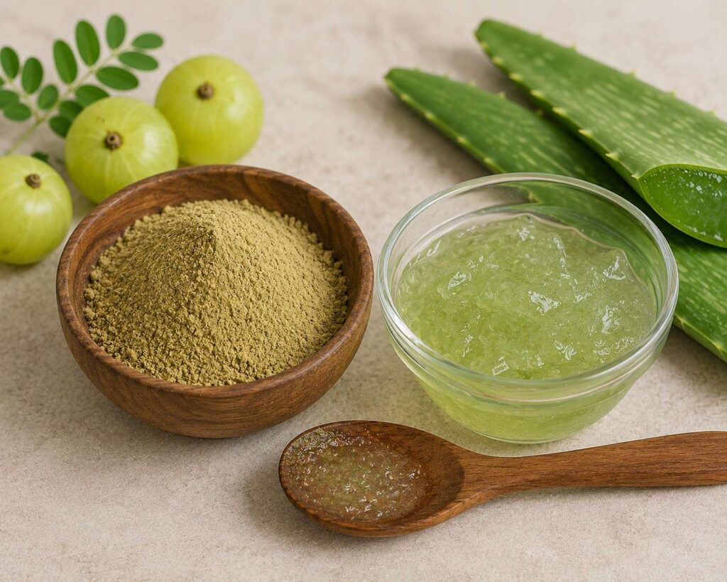 Amla and aloe vera Ayurvedic hair mask home remedy for dry sun-damaged hair India