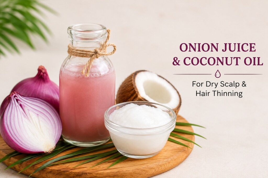Onion juice and coconut oil home remedy for dry scalp and hair thinning India