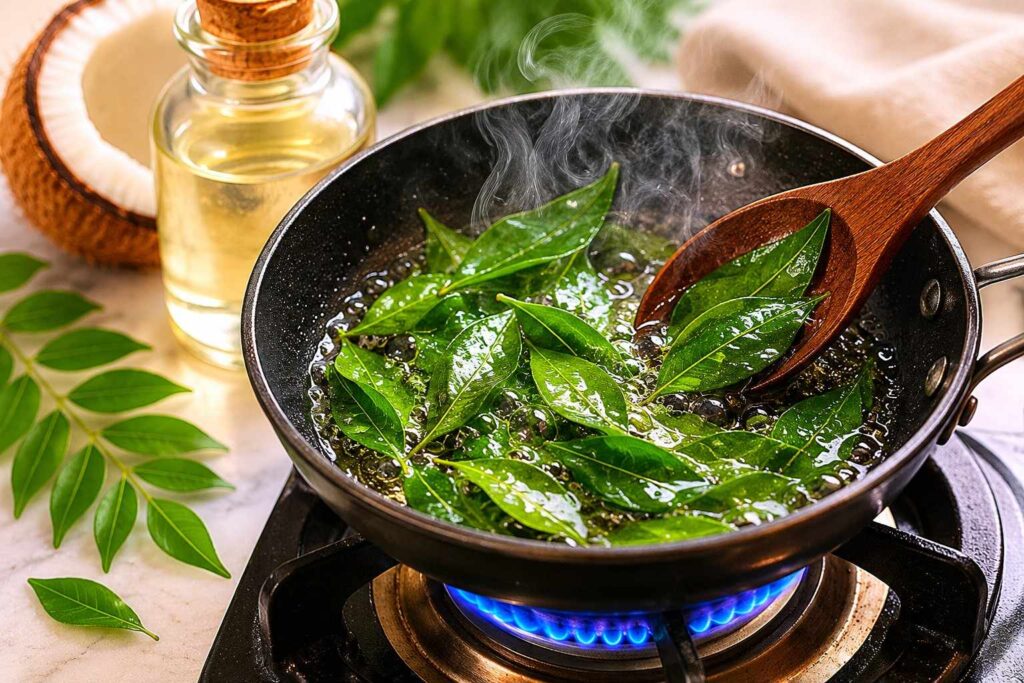 Curry leaf and coconut oil infusion Indian home remedy for dry dull hair strength and shine