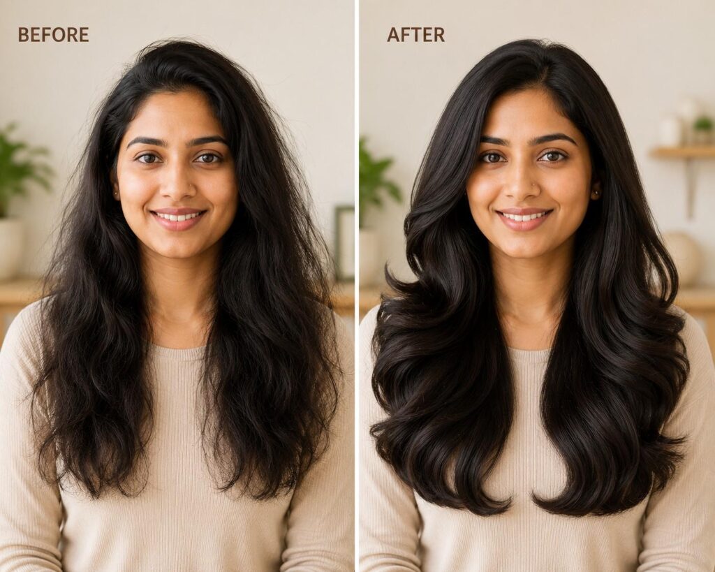 Indian woman with healthy shiny hair after using home remedies for dry hair treatment
