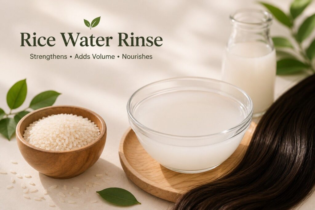 Rice water rinse remedy for soft water hair problems adding protein and volume to fine hair

