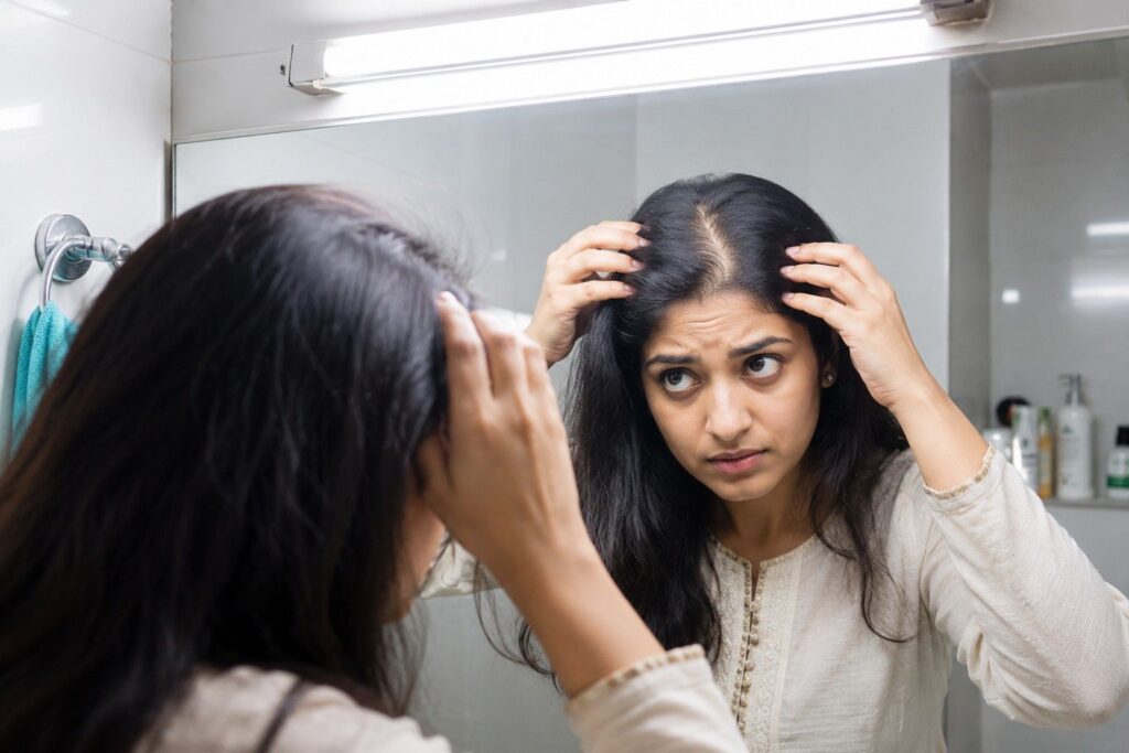 Woman checking hair under bright fluorescent light in Indian bathroom mirror