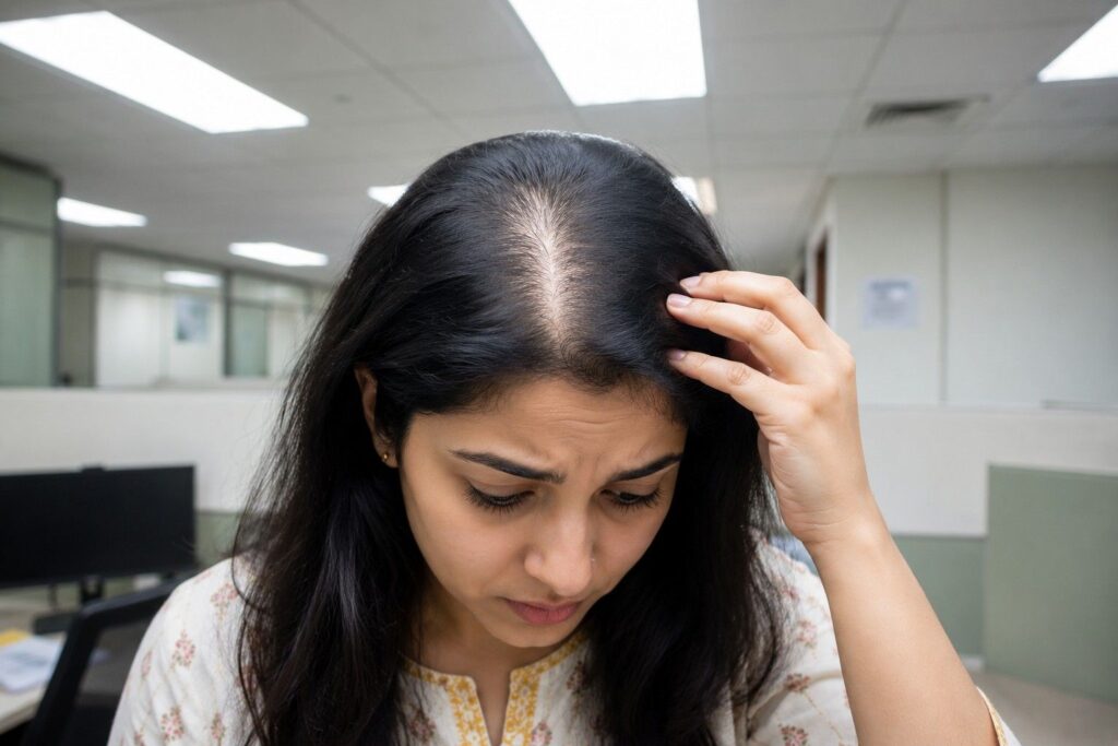 Hair looking thin under harsh overhead fluorescent office light in India