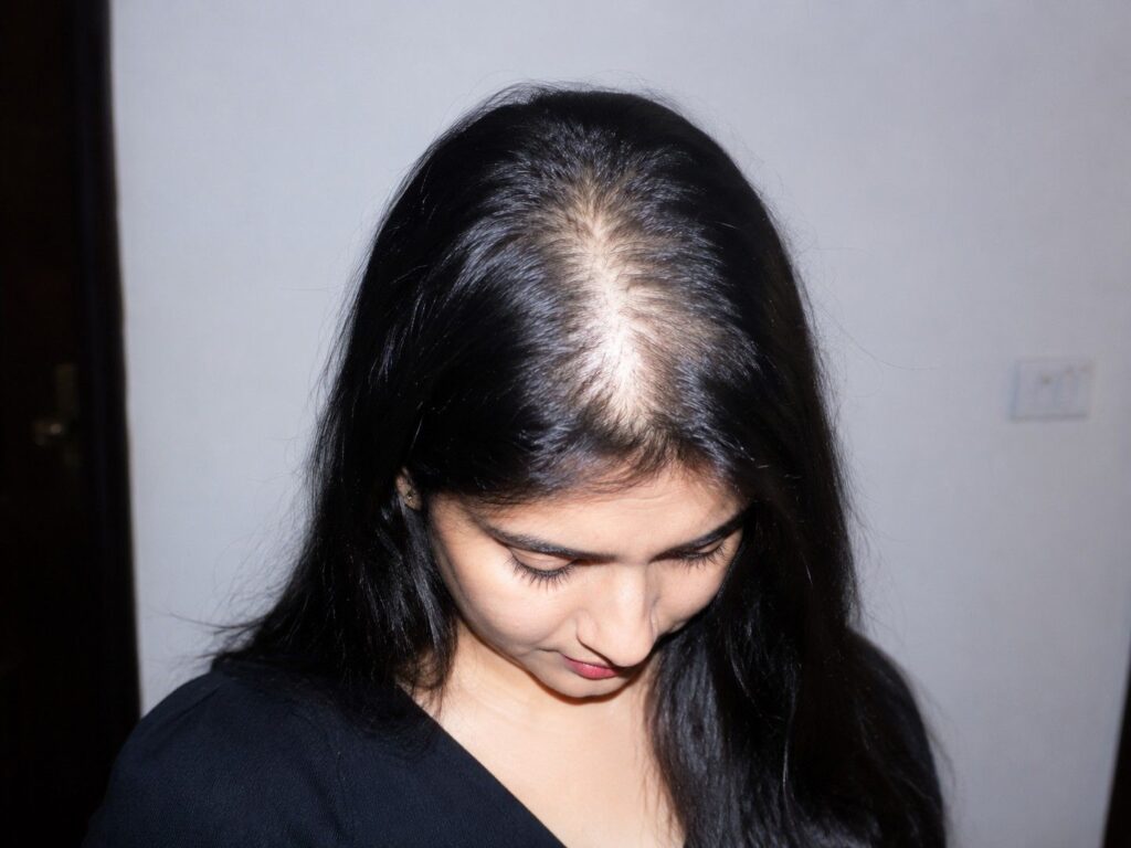 Flash photography making hair appear thinner and scalp visible in photo