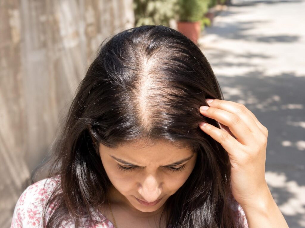 Indian woman hair thinning appearance under intense midday sunlight outdoors