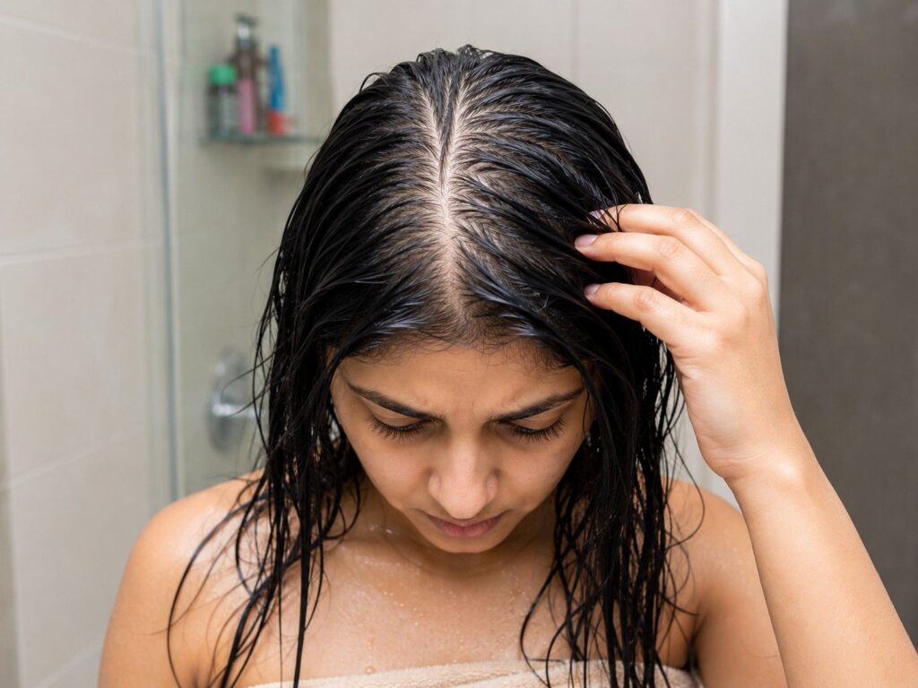 Wet hair clumping together making scalp visible after shower wash