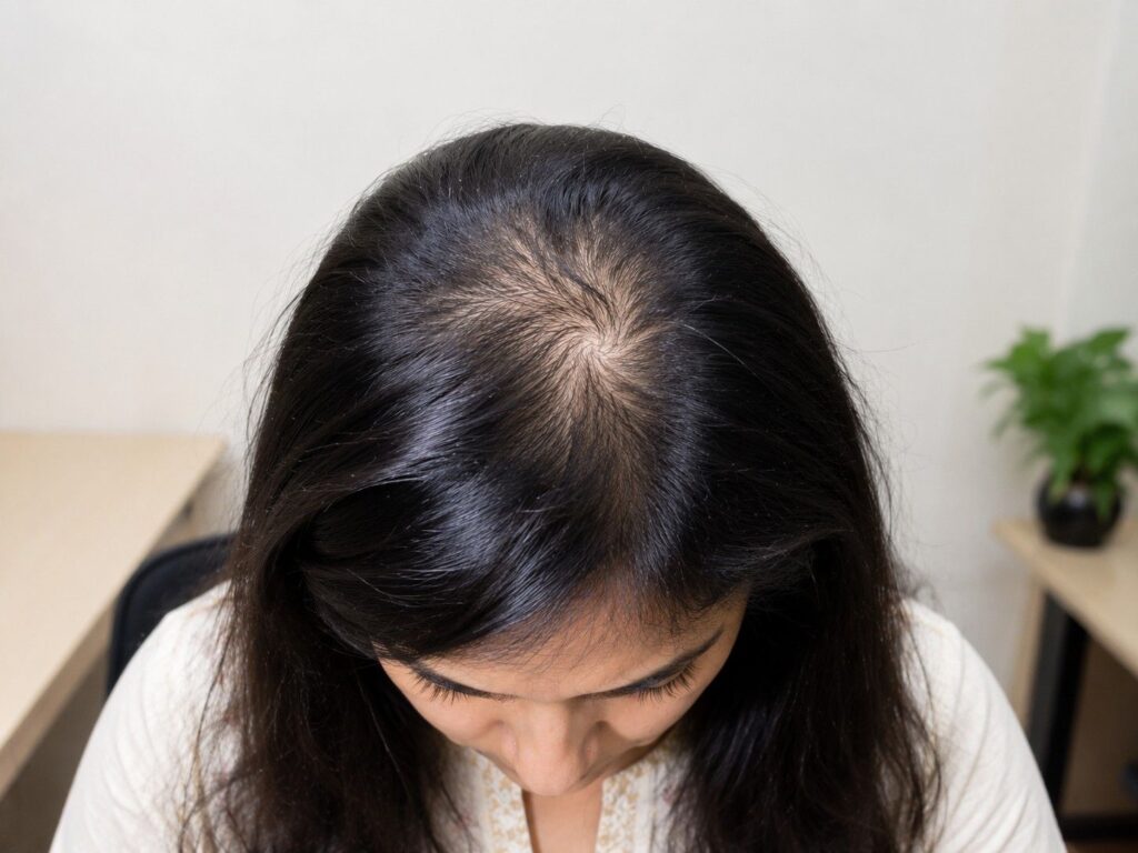 Crown area hair whorl showing scalp under bright overhead lighting