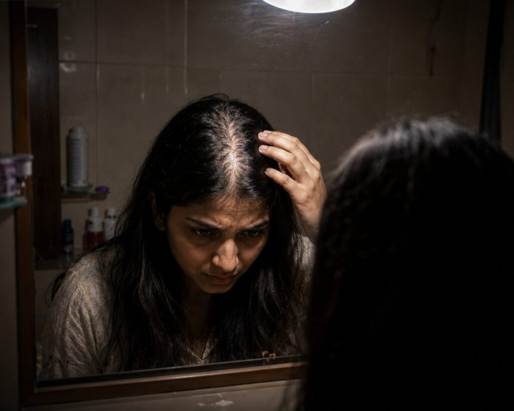 Woman checking thinning hair in bathroom mirror under single overhead bulb