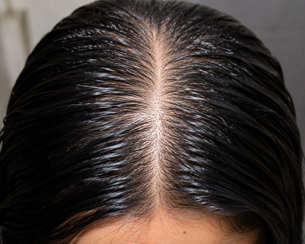 Heavily oiled Indian hair lying flat on scalp appearing thin before hair wash