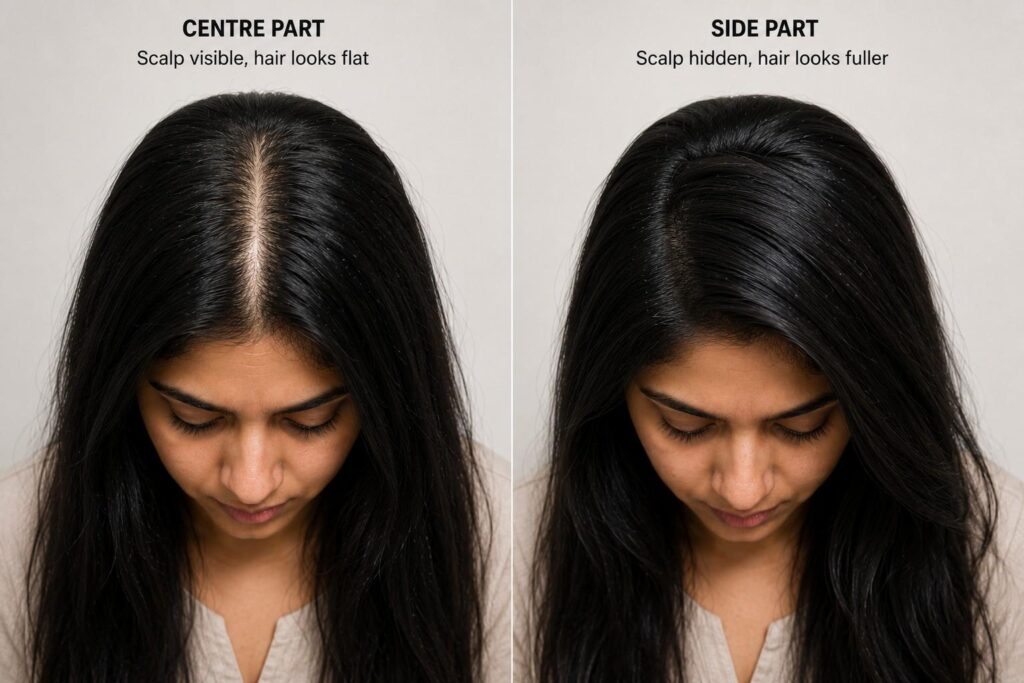 Centre part showing scalp under light vs side part hiding scalp for fuller hair look