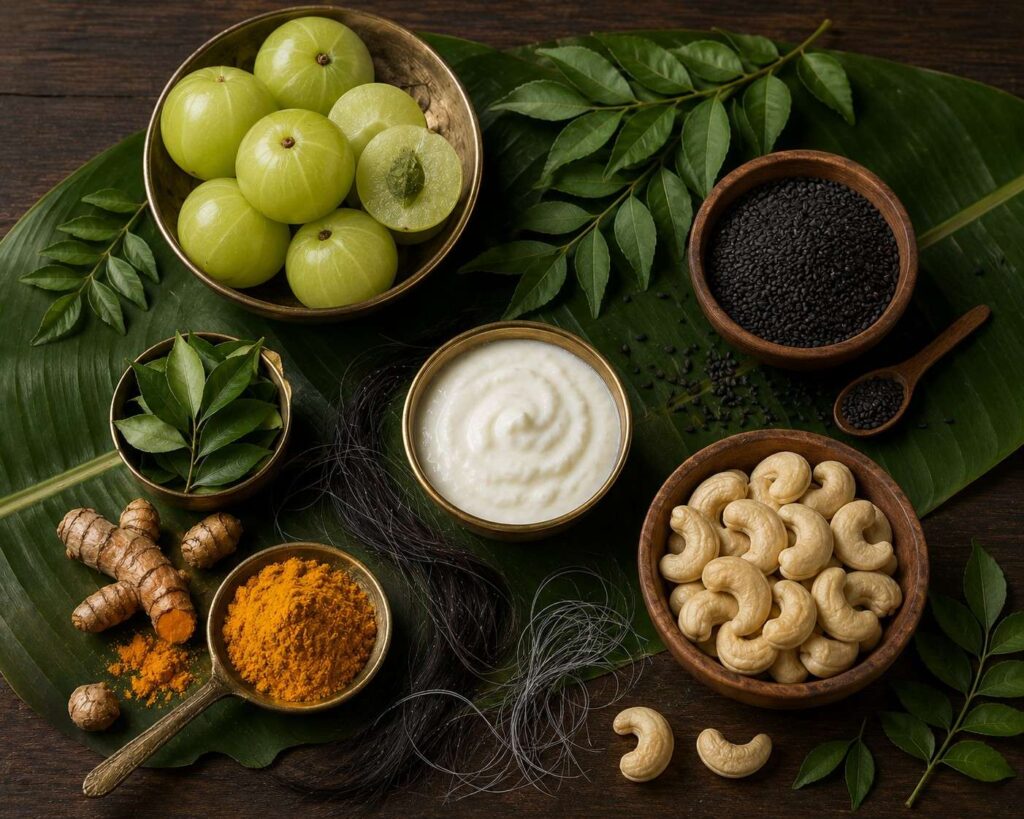 Best Indian foods for diet for grey hair including amla, curry leaves, black sesame seeds, and turmeric arranged on a wooden surface