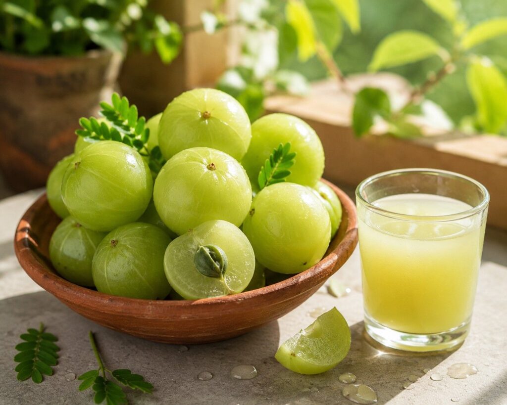 Fresh amla Indian gooseberry in a clay bowl — richest Vitamin C food in the diet for grey hair