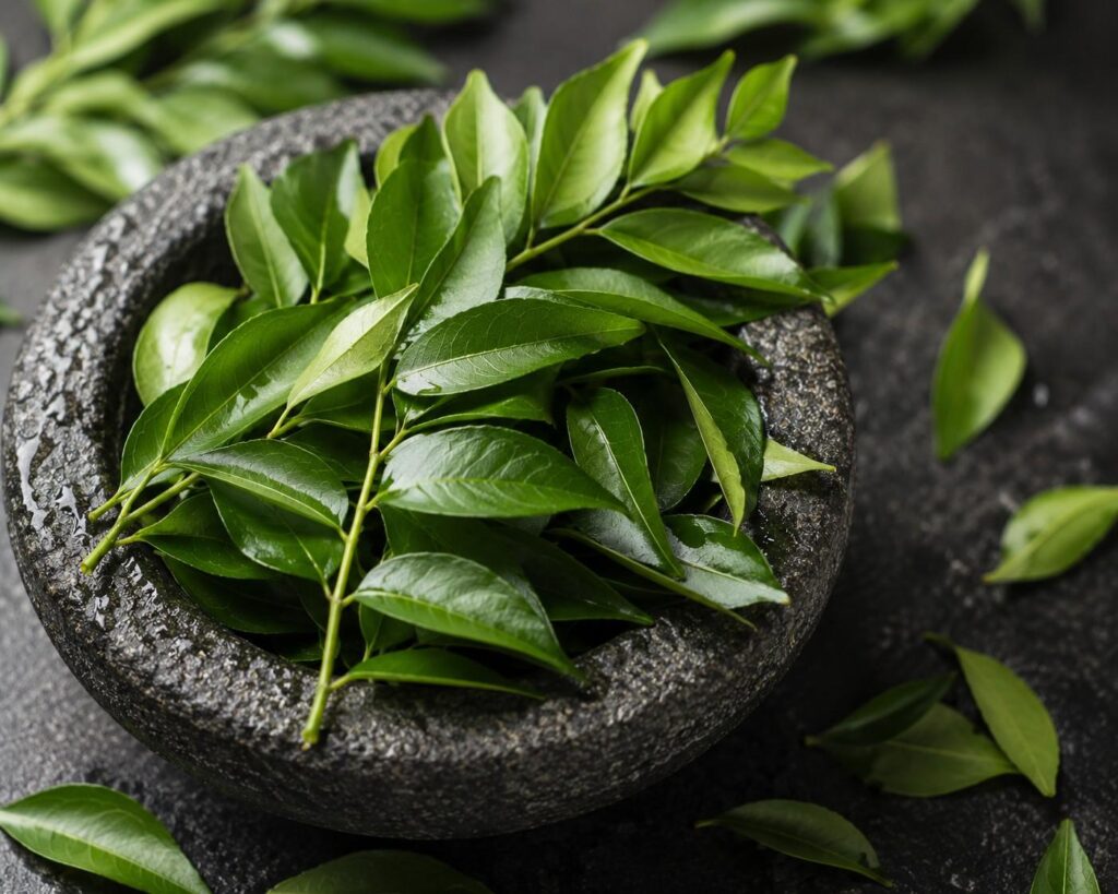 A close-up of vibrant green curry leaves (kadi patta) freshly plucked, placed on a stone mortar or dark slate. A few leaves scattered naturally around.