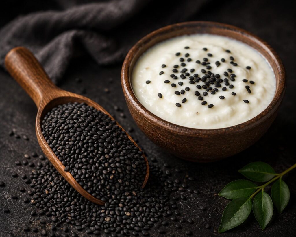 Black sesame seeds kala til in a wooden spoon — best copper-rich Indian food for melanin production and diet for grey hair