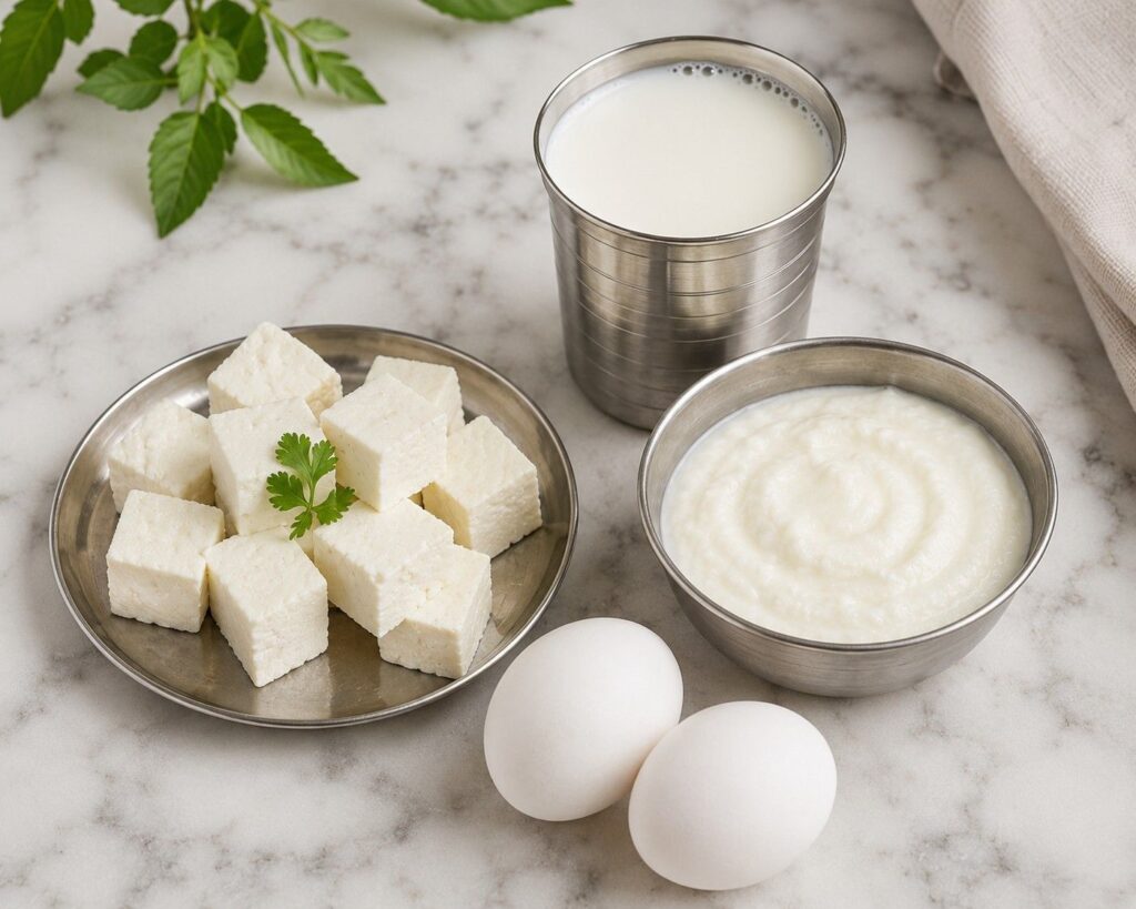 Vitamin B12 rich Indian foods including milk paneer dahi and eggs to prevent premature grey hair through proper diet
